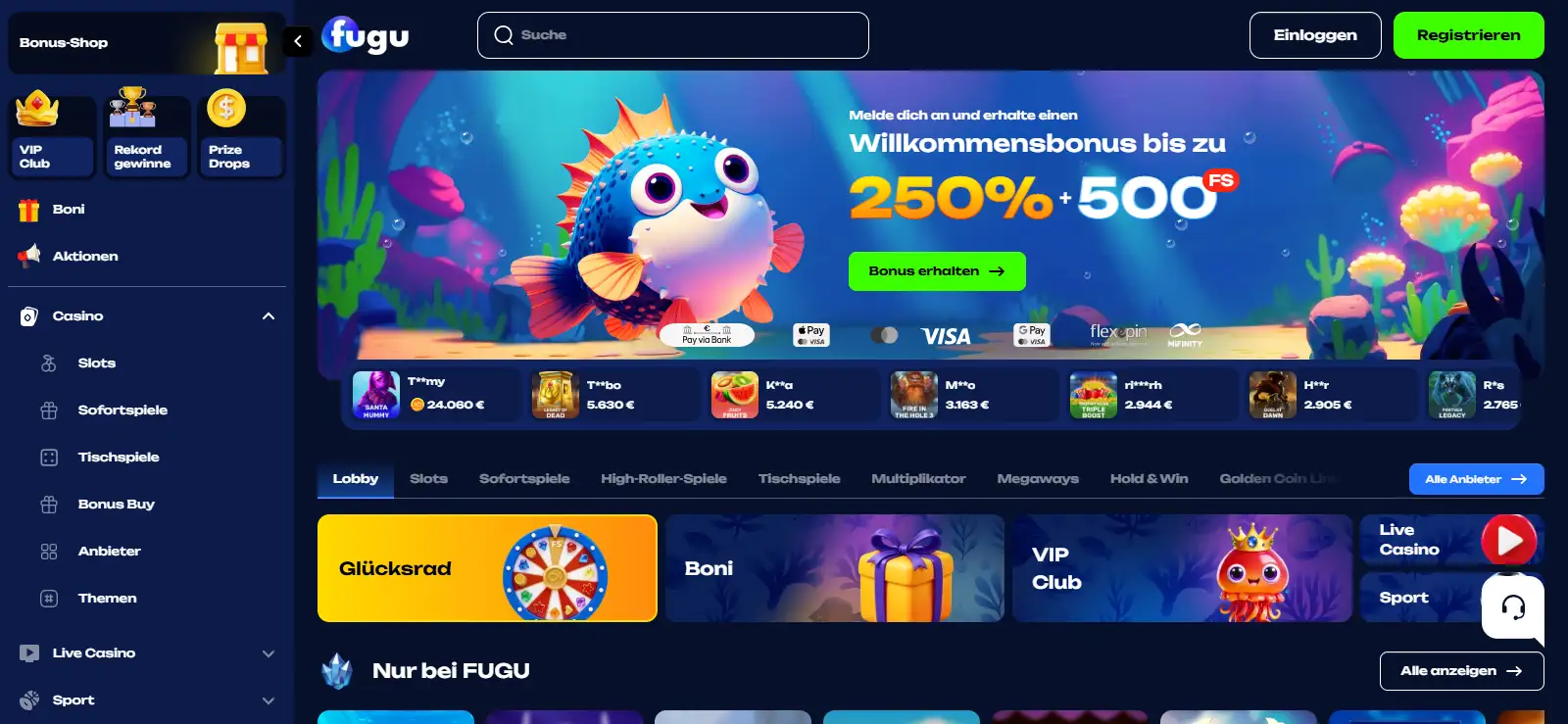 Deutsche FUGU Casino Startseite mit Navigation und deutscher Sprachversion