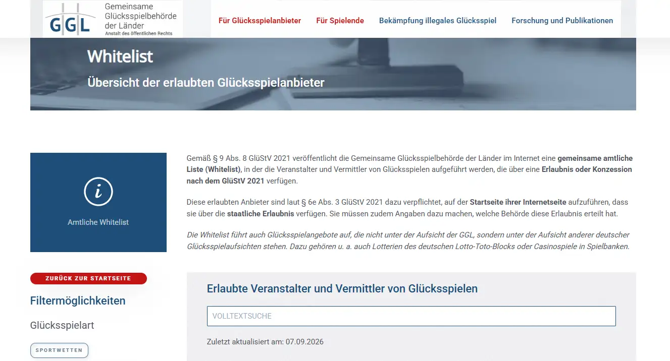 Amtliche GGL-Whitelist als Referenzpunkt für erlaubte Glücksspielangebote in Deutschland
